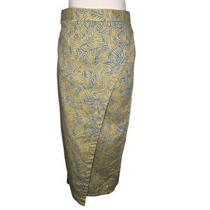 PrAna Organic Cotton Wrap Tulip Skirt Blue Tropical‎ Leaf Mustard Boho Summer L